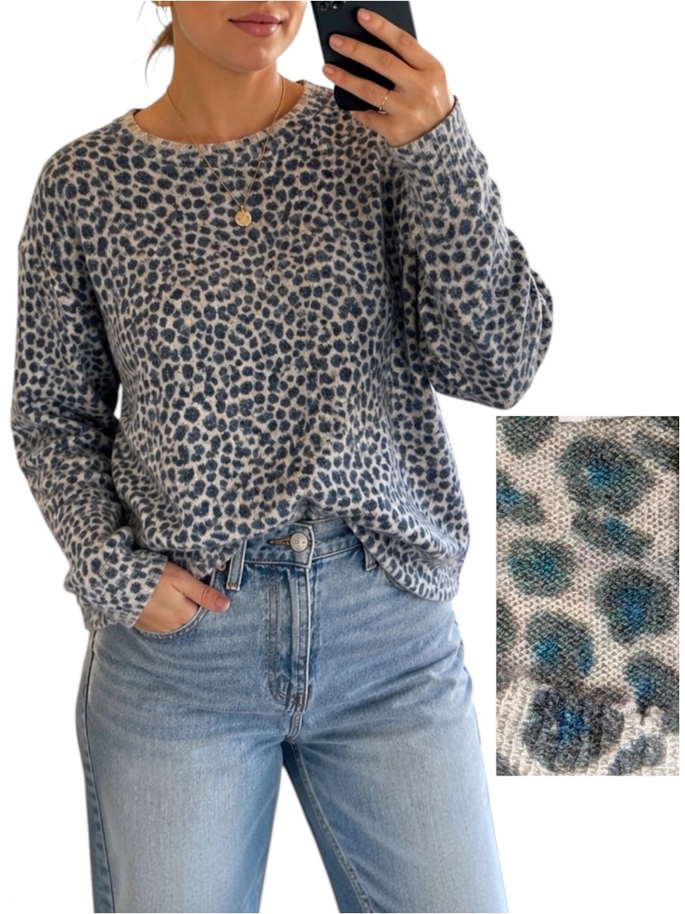 Autumn Cashmere Leopard Print 100% Cashmere Sweater Blue Gray Womens S